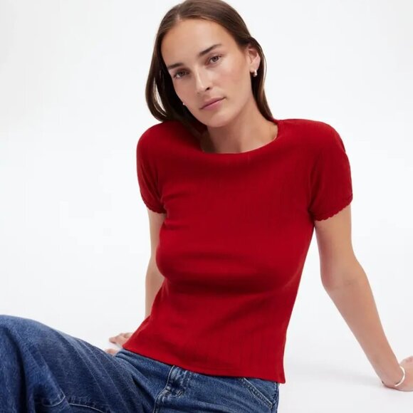Madewell x LESET Pointelle Slim-Fit Tee in Red, Size Medium - Picture 1 of 5